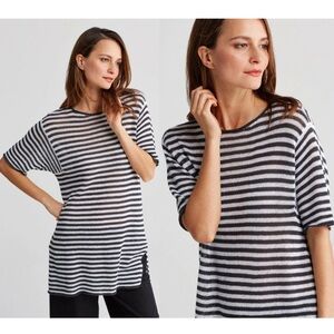 Eileen Fisher Organic Linen Knit Stripe Round Neck Elbow Sleeve Tunic Top Medium